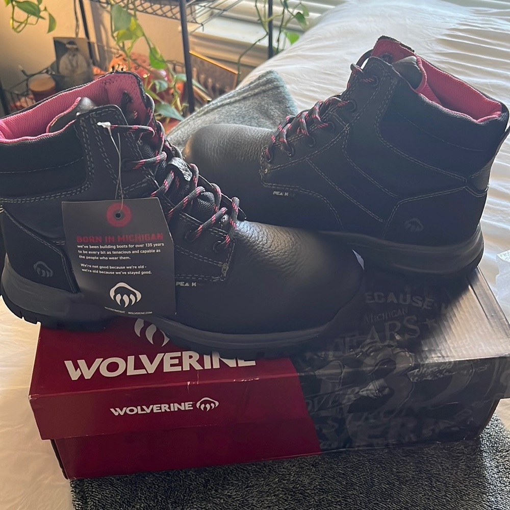 Hard toe covered boots, combat, work boots.